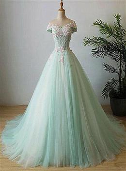 Picture of Elegant Off Shoulder Light Green Tulle Sweet 16 Dresses, Long Formal Gown